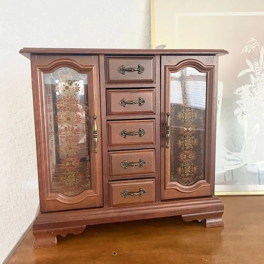 Vintage Taiwanese Wooden Jewelry Armoire Box Mirrored Doors 5 Drawer Jewelry Box